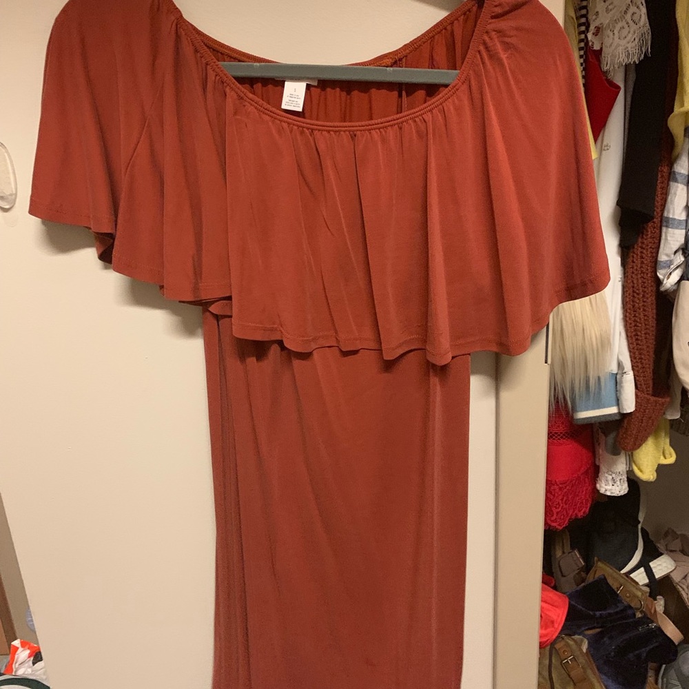 Rusty orange off the shoulder dress
